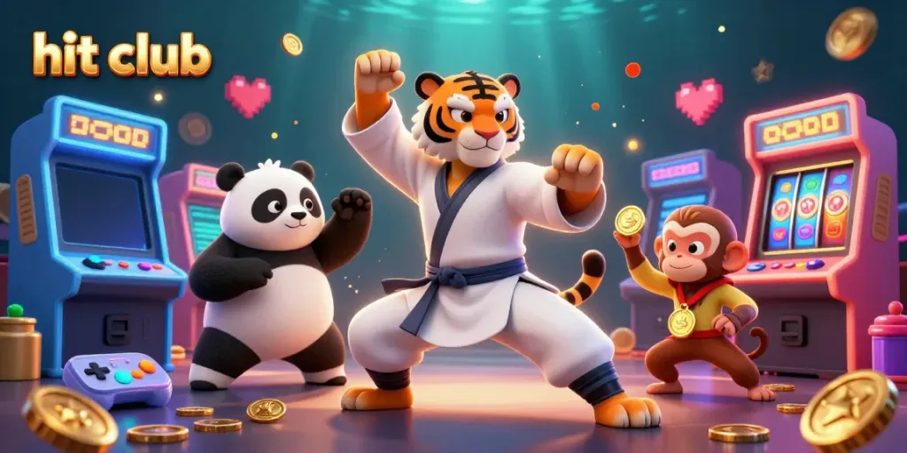 Hit club showcases a vibrant 3D cartoon scene featuring a kung fu tiger master, panda disciple, and playful monkey amidst casino elements.