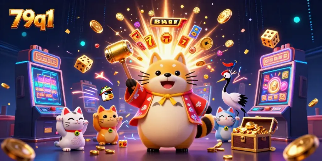Experience joy and luck with vibrant 79q1 gaming characters amid an exciting casino scene.
