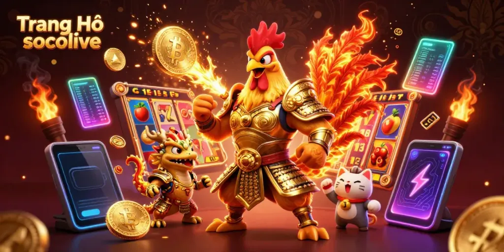 Engage in thrilling gaming on Trang Chủ socolive with a stunning 3D illustration of a rooster warrior, dragon, and coins.