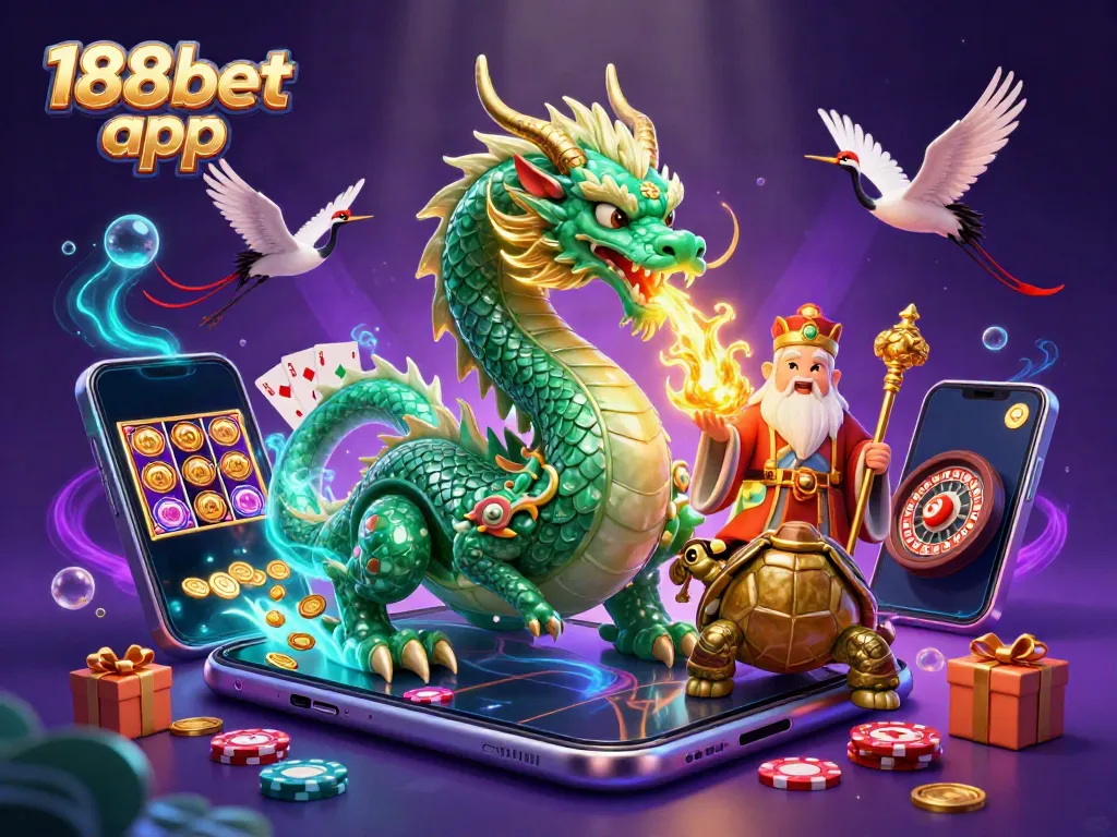 Engage with the exciting 188bet app through a vibrant scene of gaming action featuring dragons, turtles, and casino elements.