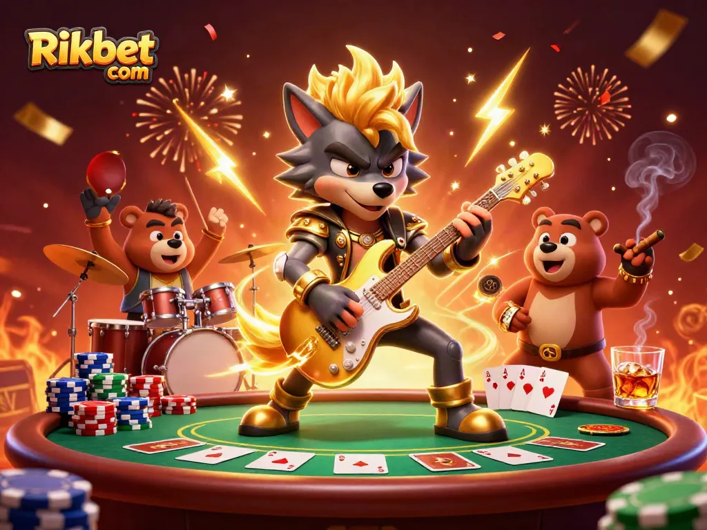 Experience the thrilling action at Rikbet com with a rock star wolf and drummer bear under dazzling casino lights.