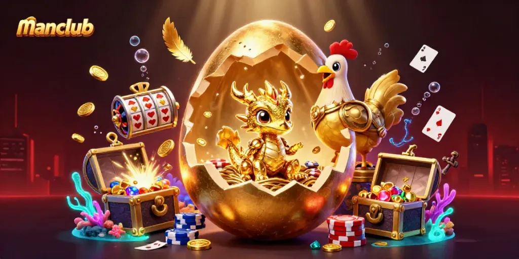 Join the excitement of manclub with golden treasures and a joyful dragon in a dynamic online casino scene.