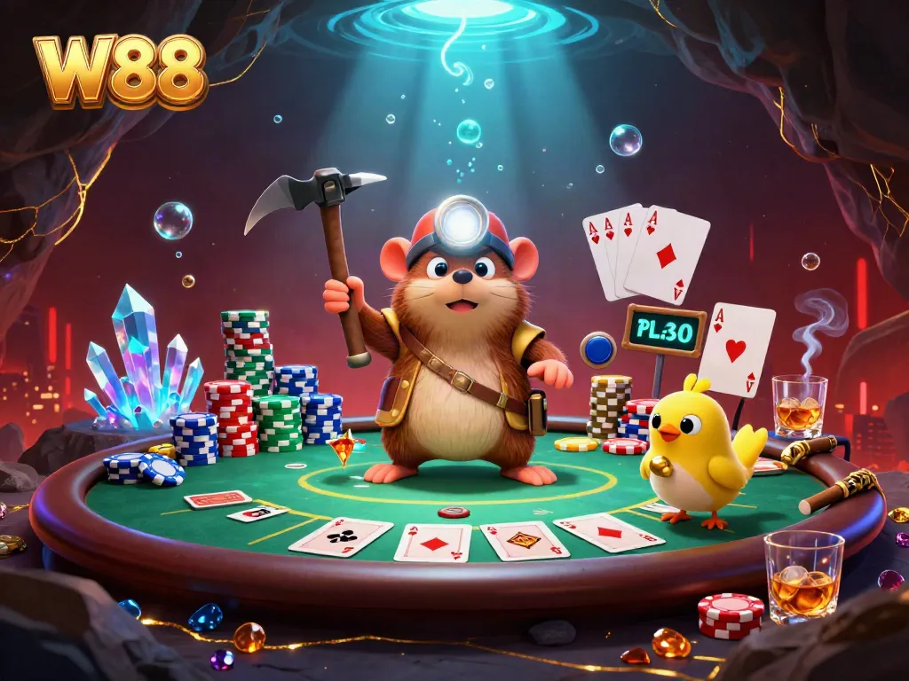 Experience W88's vibrant casino atmosphere with treasure hunter mole spotting gold and poker chips among glowing gems.