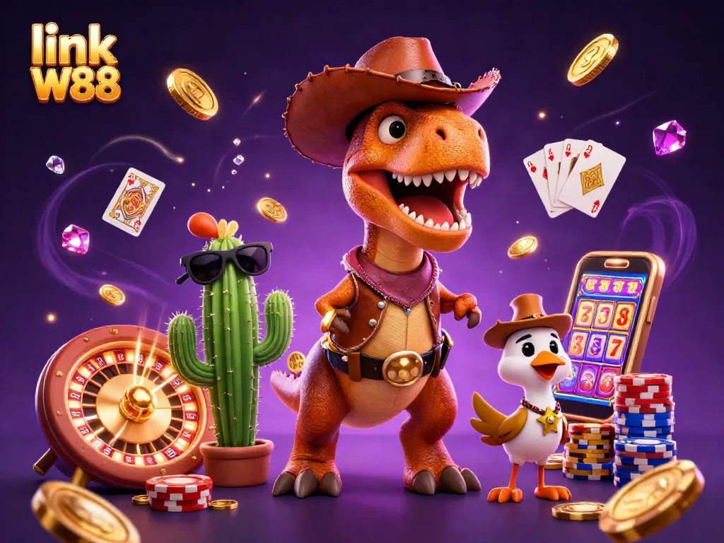 Spin the slot reels and win big with link W88, featuring vibrant casino characters and dynamic gaming elements.