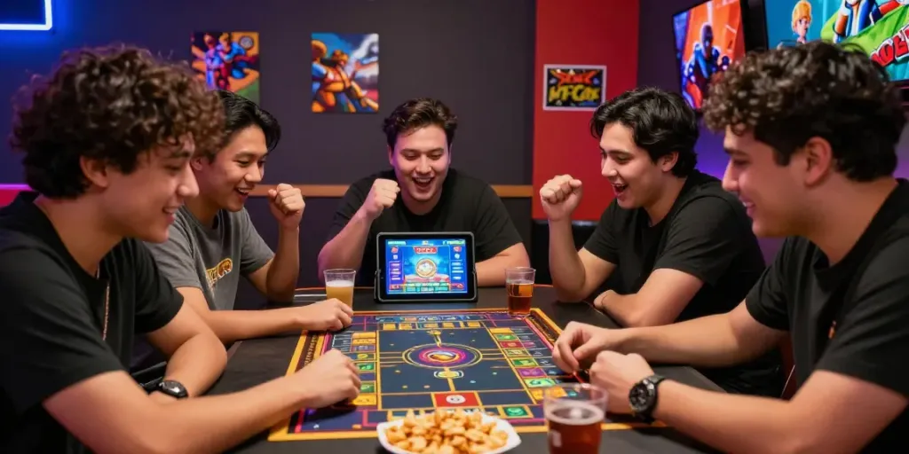 Amigos jogando Togel no JAVATOTO, divertida e animada interação.
