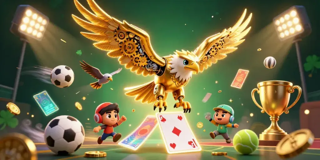 Experience thrilling gaming with manclub, featuring a cybernetic eagle in a dynamic casino scene.