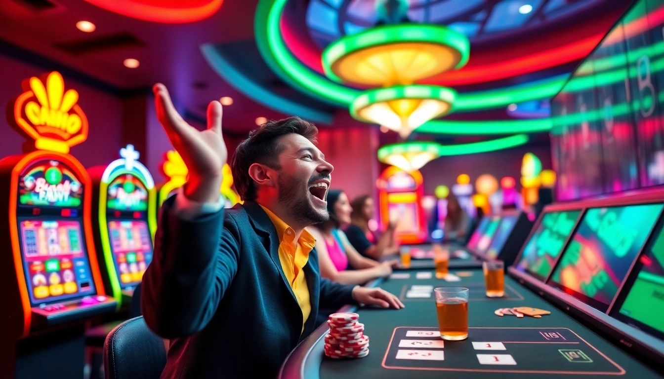 Casino en ligne retrait immédiat : Un joueur enthousiaste devant des machines à sous et des tables de jeu.