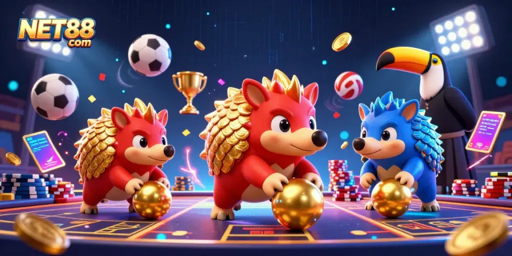 Experience thrilling gaming with NET88 com in an action-packed casino scene featuring cartoon pangolins.