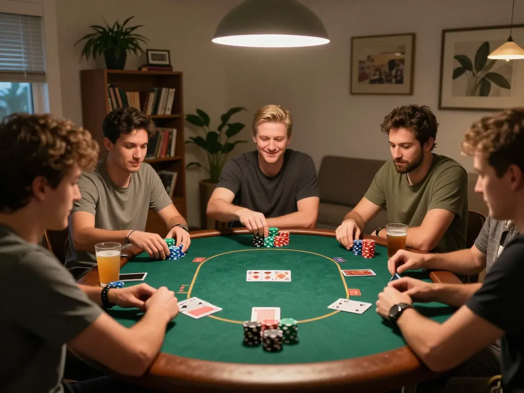 Friends enjoying an engaging poker night showcasing 79club gaming excitement with colorful chips and cards.