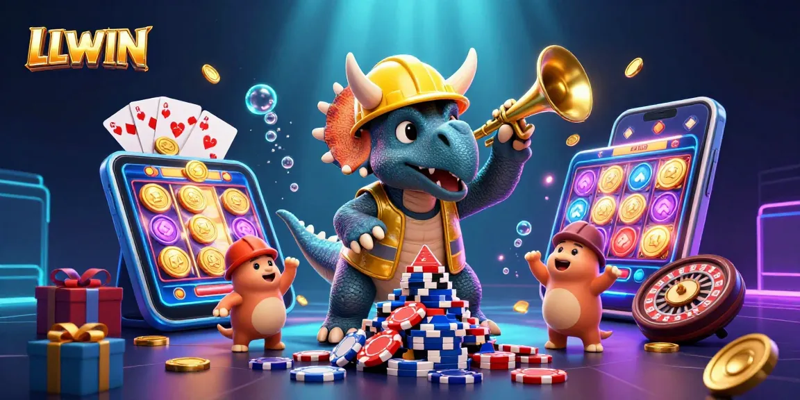 LLWIN slots come alive in a vibrant 3D scene with cartoon dinosaurs celebrating and action-packed gaming elements.