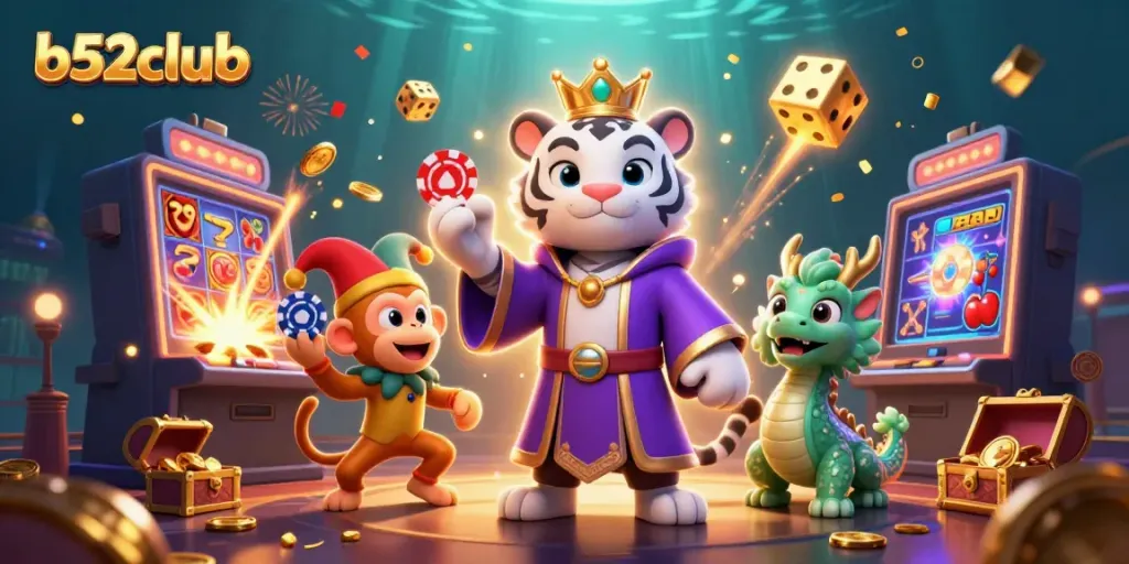Experience thrilling gameplay at b52club with elegant characters surrounded by casino elements.