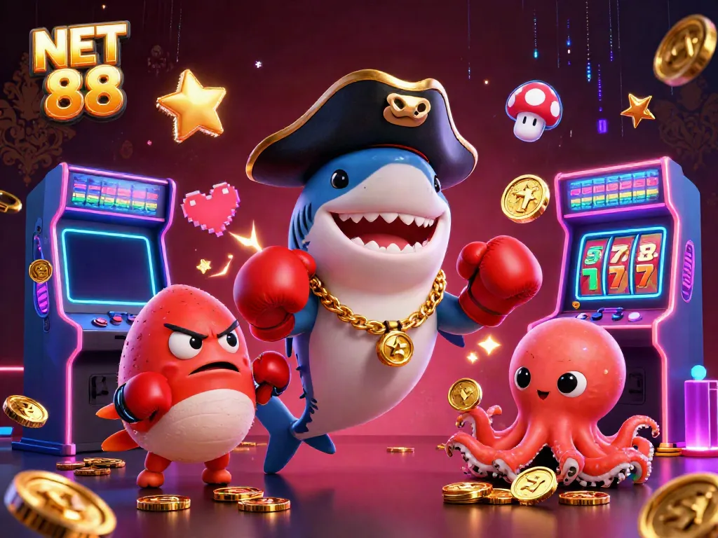 Join the fun at NET 88 as a cartoon pirate shark and friends engage with vibrant casino gaming elements.