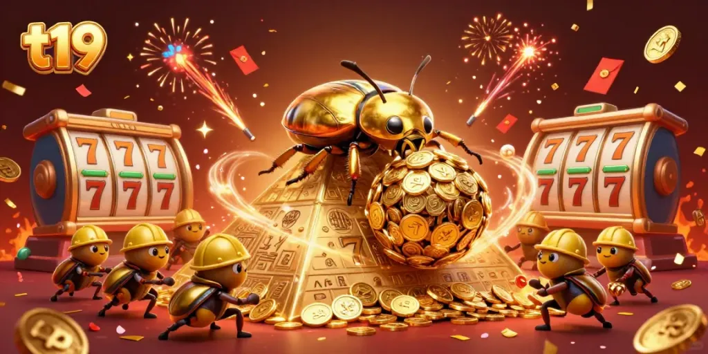 Experience thrilling play with t19's 3D casino visuals of golden beetles and dynamic gaming elements.