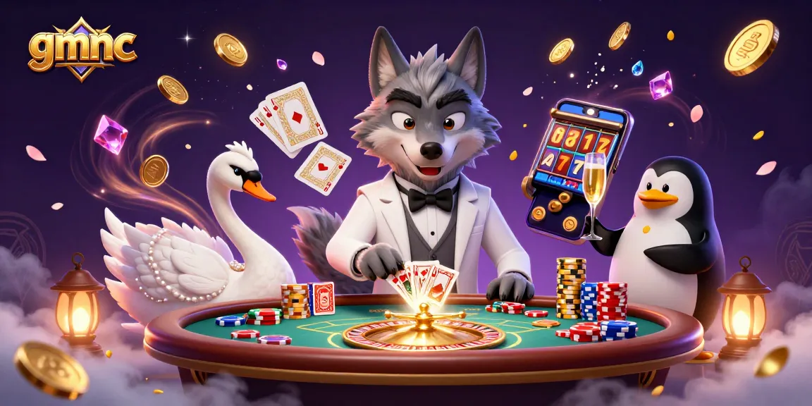 Engage with gmnc's vibrant betting scene featuring a debonair wolf at a baccarat table alongside an elegant swan dealer.