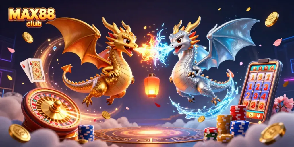 Engage with the thrill of MAX88 club as twin dragons create a dazzling casino adventure.