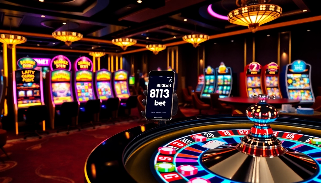 Experimente a emoção da 813bet com visuais dinâmicos de jogos de azar online, apresentando roleta e caça-níqueis.