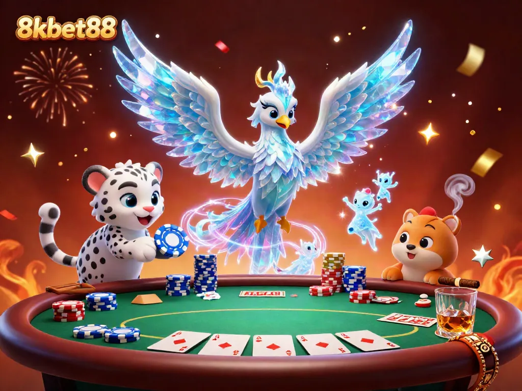 Experience the thrill of 8xbet88 with an enchanting scene showcasing an ice phoenix, poker gameplay, and vivid celebrations.