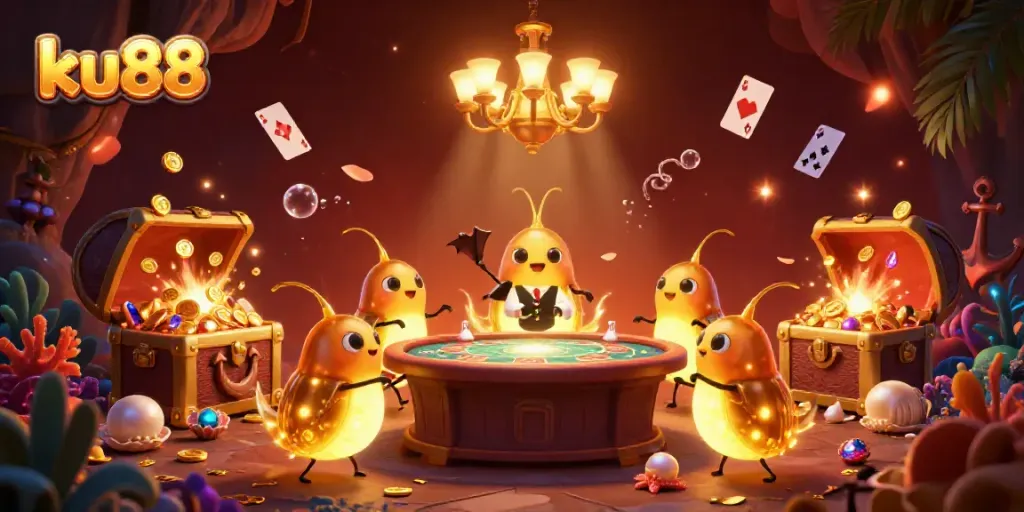 Experience immersive gameplay with ku88 in this vibrant 3D illustration, showcasing a dynamic casino scene.