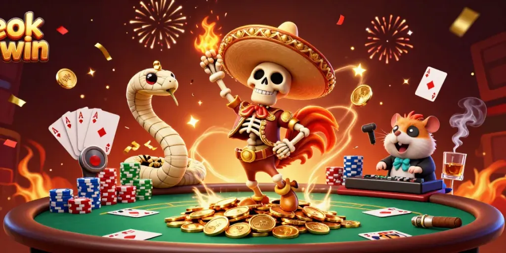 Experience the excitement of ok win with vibrant characters celebrating by a poker table surrounded by golden coins.