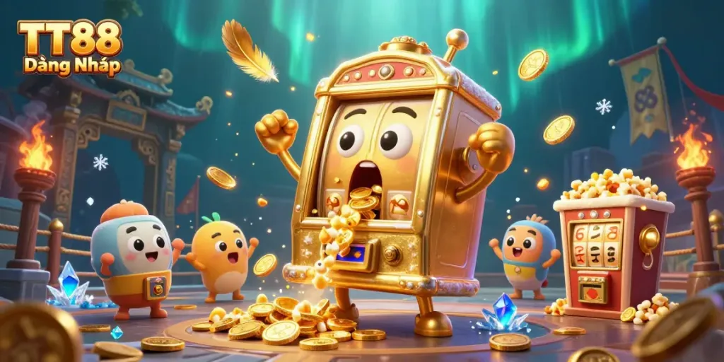 Experience the thrill of TT88 Đăng Nhập as golden coins pour from a jubilant slot machine in this lively casino scene.