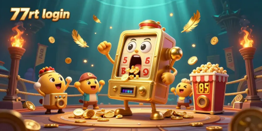 Experience thrilling wins with 77rt login as the golden slot machine hits a jackpot, creating an exciting atmosphere.
