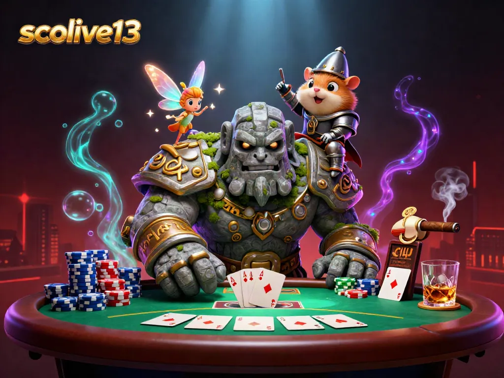 Watch the adventurous socolive13 scene with a magical golem, fairy, and hamster knight engaging in a lively poker setting.