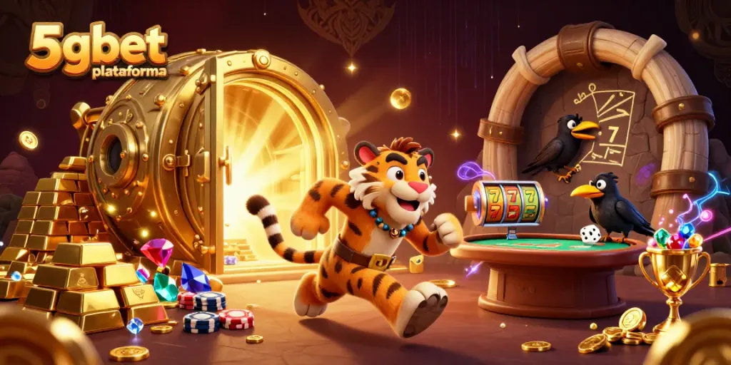 Experience thrilling games at 5gbet plataforma with an engaging prehistoric casino scene full of vibrant treasures.