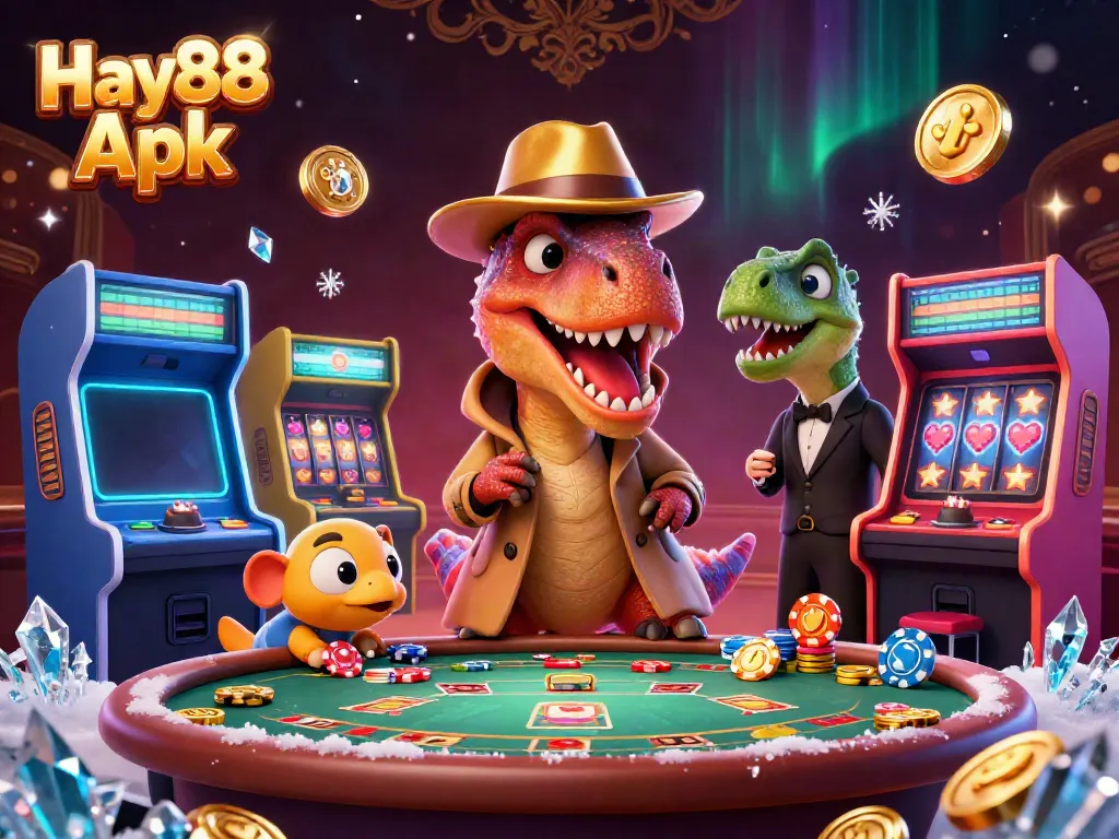 Engage in thrilling gameplay with Hay88 Apk featuring a velociraptor card counter at a vibrant casino scene.