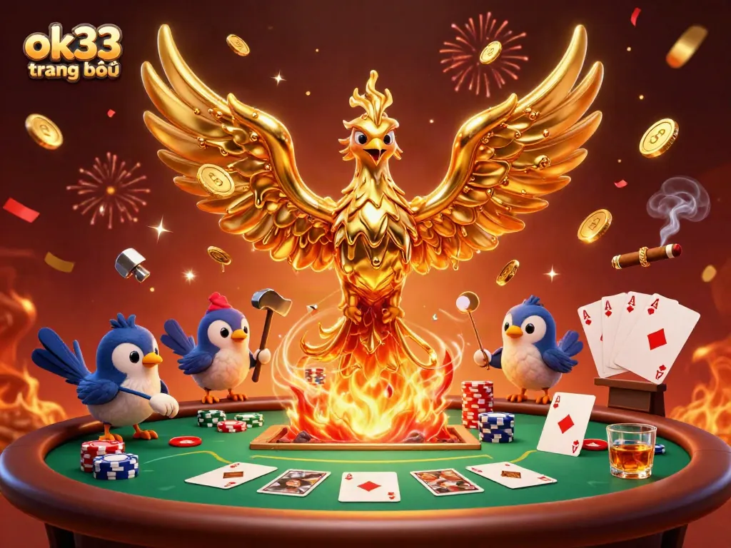 Experience the magic of ok33 trang chủ with a dynamic scene filled with poker action and golden elements.
