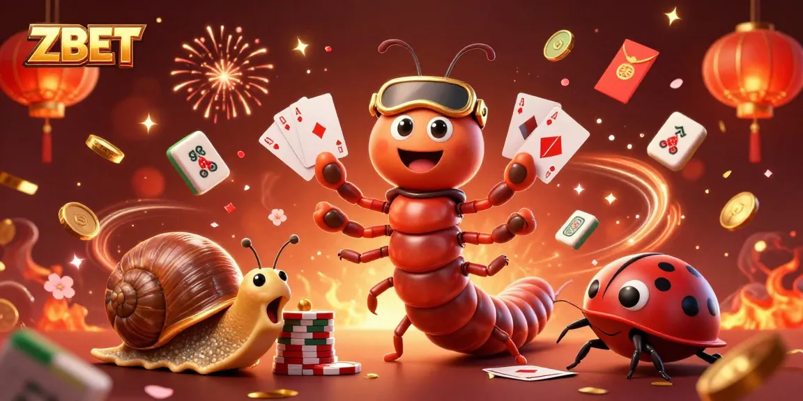 ZBET engages players with a dynamic casino scene showcasing a millipede dealer, high-roller snail, and exciting game elements.