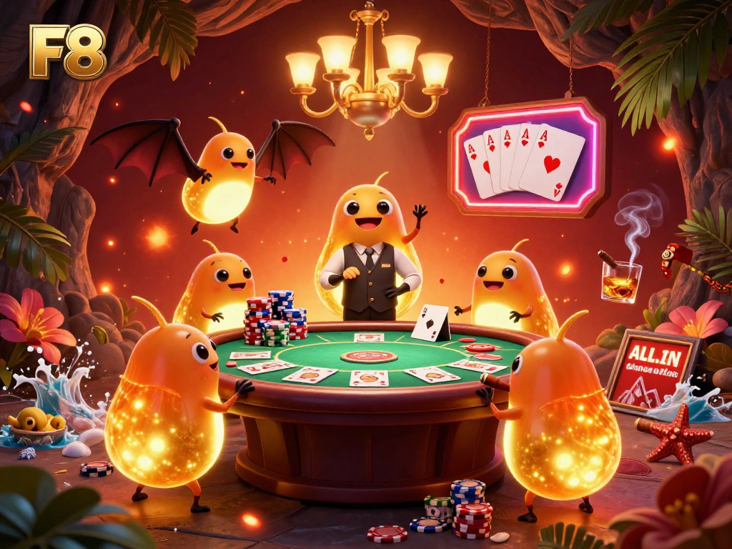 Experience the vibrant F8bet cave casino lit by glowworms with a bat dealer, emphasizing exciting gambling.