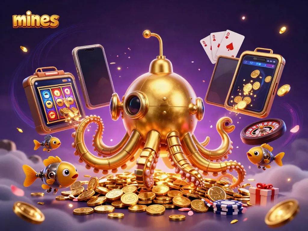 Experience the thrill of mines, where a golden kraken submarine and mechanical fish navigate a treasure-filled ocean of vibrant casino games.