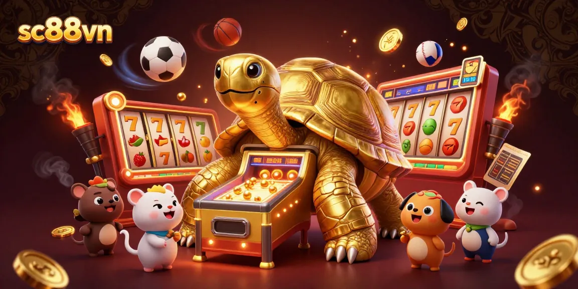 Engage with the thrilling sc88vn experience as small animals enjoy playing on a golden tortoise pinball machine.