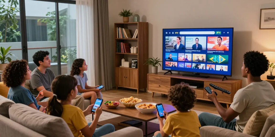 Família assistindo programas do bestbraziliptv em uma sala de estar aconchegante.