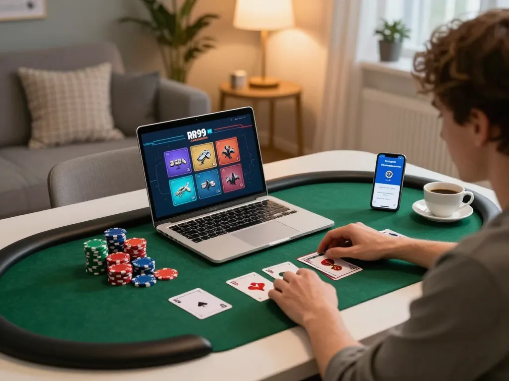 Engaging with online poker game on RR99 COM platform in a cozy home gaming setup