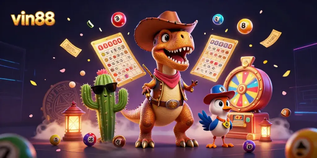 Experience thrilling gambling with vin88's vibrant scene featuring cartoon characters and dynamic lottery elements.