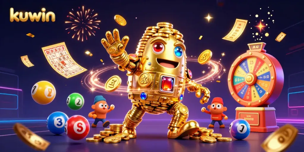Kuwin brings exciting lottery experiences with vibrant elements and a golden golem, showcasing online gaming fun.
