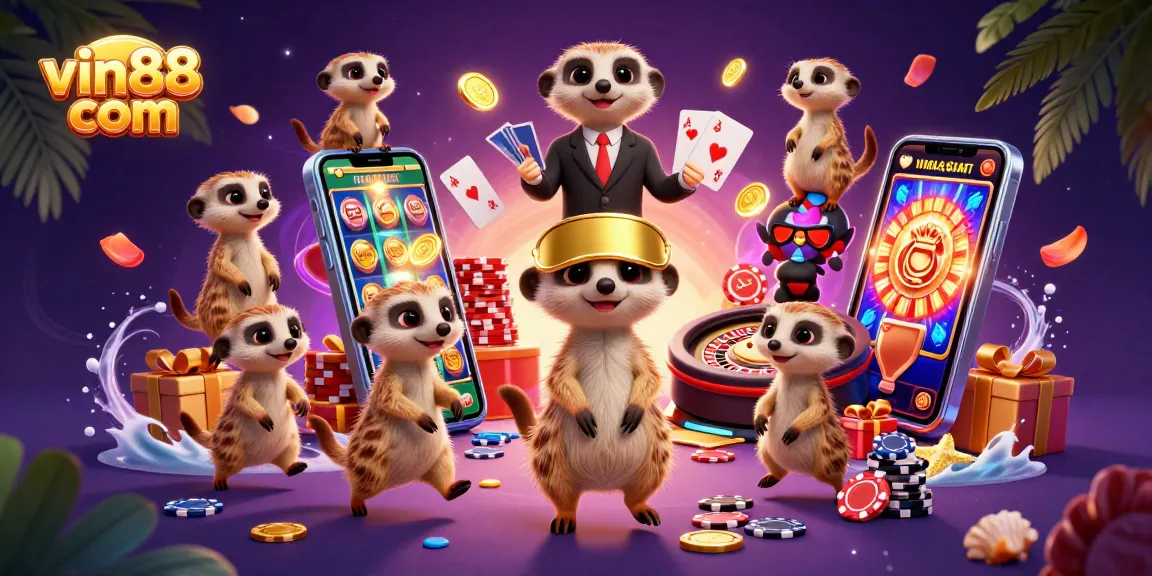 Experience the excitement of vin88 com casino with playful meerkats enjoying games and prizes.