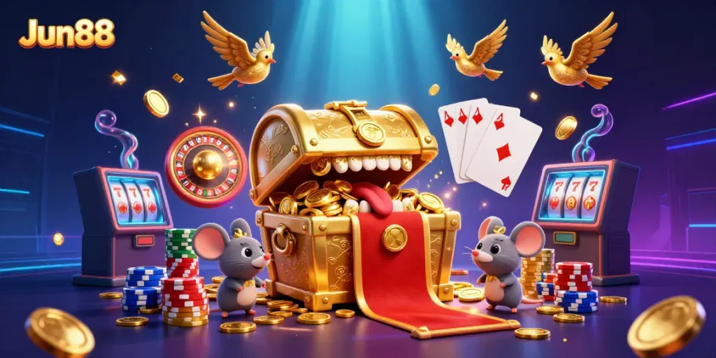 Experience the thrill of Jun88 casino with a treasure chest and golden coins in a vibrant 3D scene.