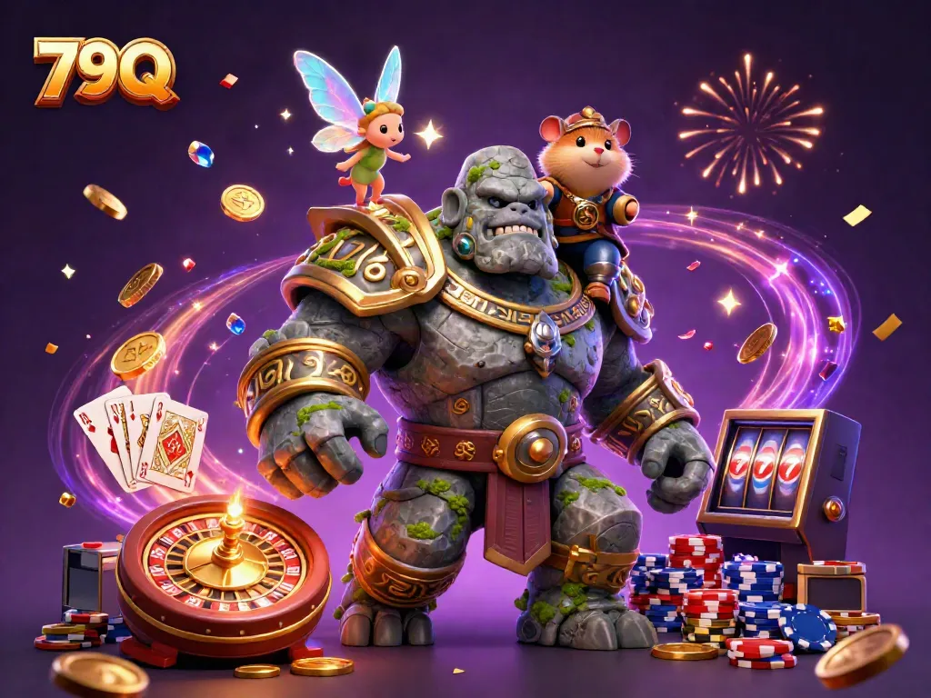 Experience the magic of 79Q with a thrilling scene of a stone golem guardian, fairy, and hamster knight amidst casino elements.