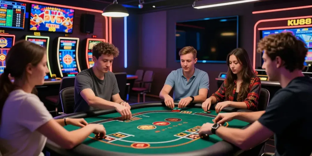 Group of friends enjoying games on KU88 at a lively online casino.