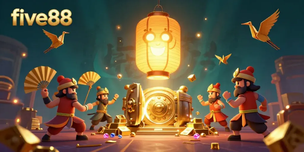 Experience the immersive five88 casino world with a floating golden lantern spirit and interactive gaming elements.