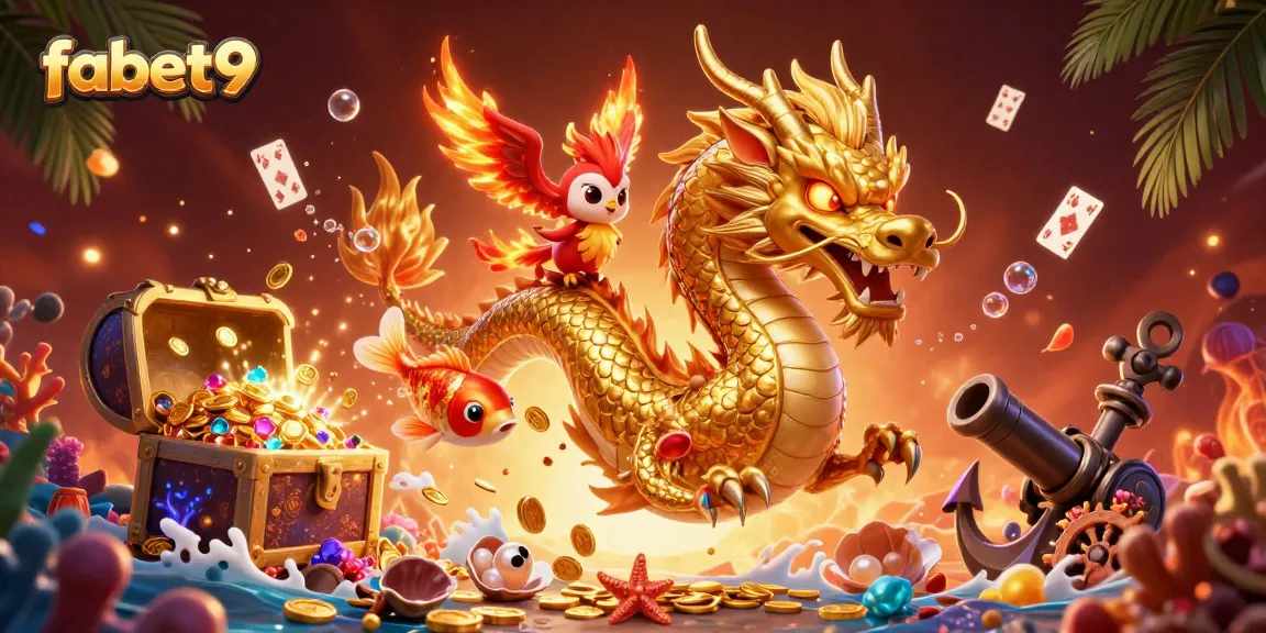 Experience thrilling wins with fabet9 in this vibrant 3D casino illustration featuring lucky dragons and gold coins.