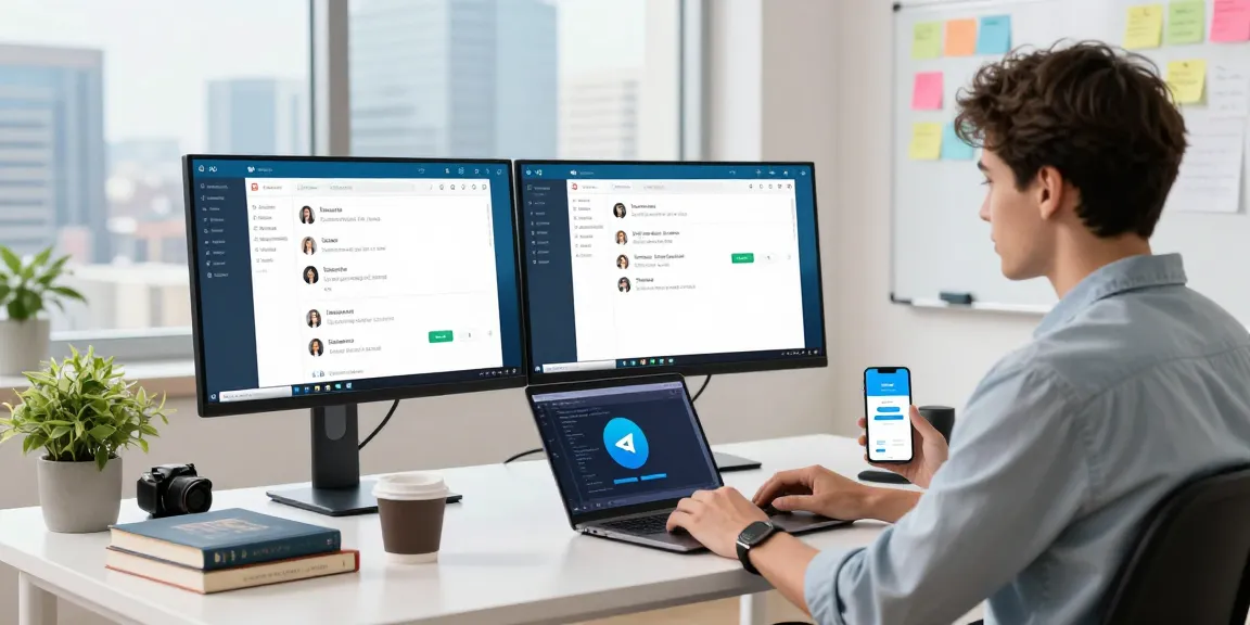 Dynamic workspace showcasing the Telegram Web Version interface on multiple screens, highlighting seamless communication tools.