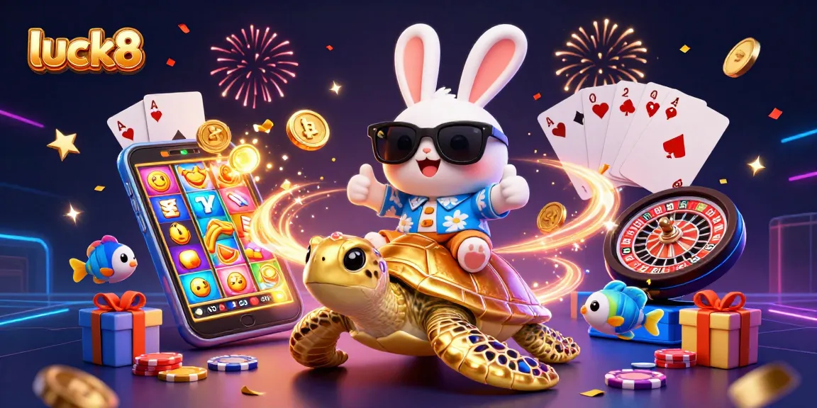 Engage with luck8's slot games through this vibrant scene featuring a lucky rabbit and golden turtle.
