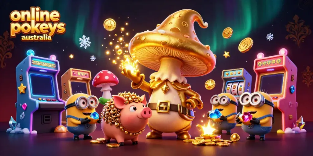 Engage with online pokies Australia showcasing a magical golden wizard, treasure-hunting pig, and colorful slot reels.