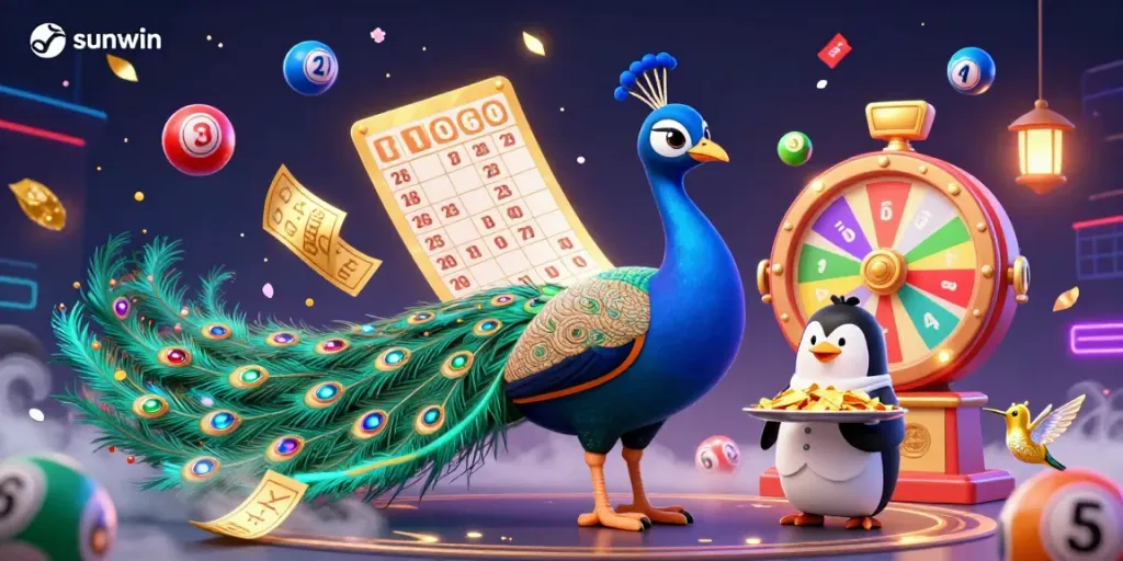 Experience the excitement of sunwin with a whimsical 3D casino illustration showcasing vibrant game elements.
