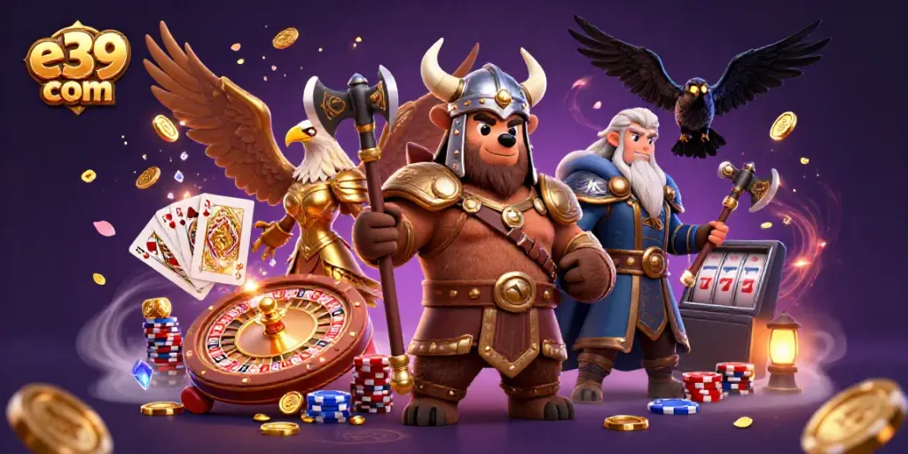 Engage with exhilarating gaming fun at e39 com featuring Viking and eagle characters amidst coins and cards.