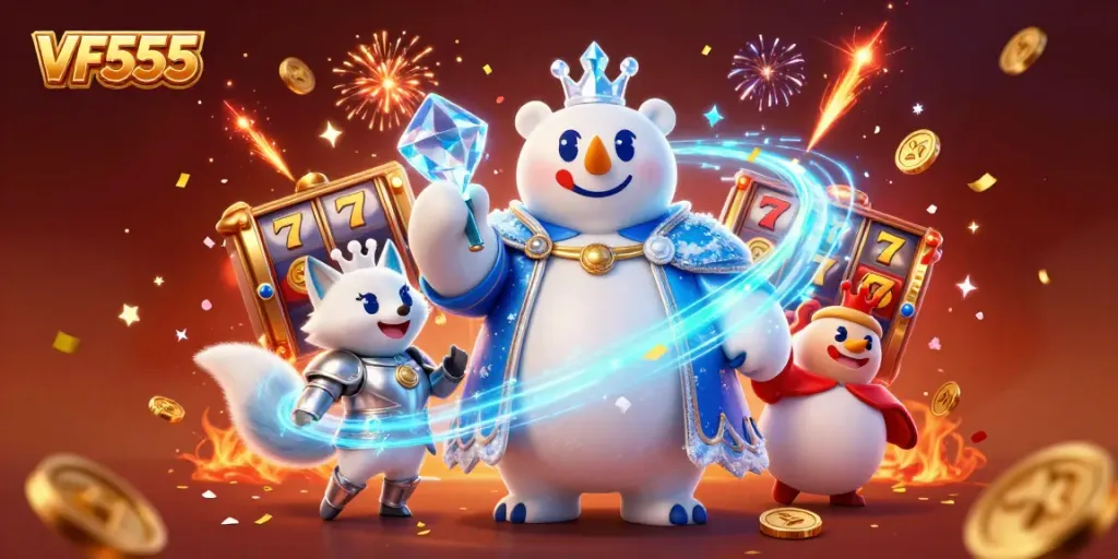 Engage with VF555's vibrant online casino featuring a polar bear and a snow fox amidst dynamic slot game elements.