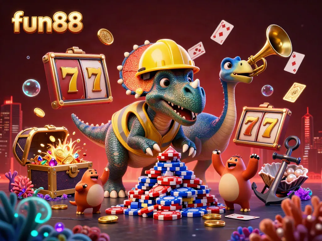 Experience fun88 action with a vibrant 3D scene featuring characters celebrating at a dynamic casino.